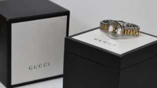 GUCCI BI COLOUR PUSSY CAT, stone set dial, two tone case and bracelet, 32mm case, quartz,