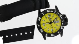 SEIKO 5 SPORTS AUTOMATIC REFERENCE 7S36-03P0, circular yellow dial with baton and arabic numeral