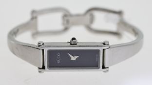 LADIES GUCCI REF 1500L , rectangular black dial, stainless steel bangle watch, quartz