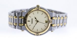 GUCCI TWO TONE WATCH REF 9000M, cream dial, gold palted bezel, stainless steel and gold plated