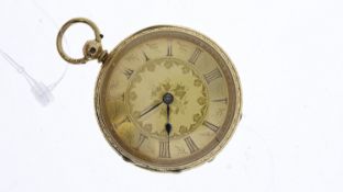 18CT OPEN FACED POCKETWATCH, gilt dial, Roman numerals, floral detail, 42mm diameter, inner case