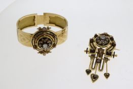 Victorian Black Enamel and Rose Cut Diamond Cuff Bangle and Brooch