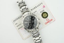 OMEGA SPEEDMASTER DATE W/ GUARANTEE CARD, circular black dial with hour markers and hands, 39mm