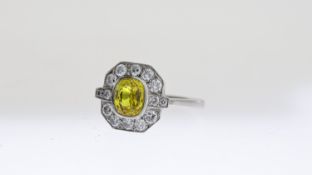 Yellow Sapphire and Diamond Cluster Ring, cushion cute yellow sapphire, estimated 1.60ct, mounted