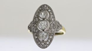 18ct Art Deco Syle Diamond Panel Ring, three feature diamonds set along the oval, mounted with