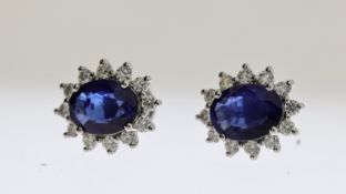 Sapphire and Diamond Cluster Earrings, oval cut sapphires with diamond surrounds, estimated total
