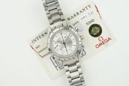 OMEGA SPEEDMASTER DATE W/ GUARANTEE CARD, circular silver dial with hour markers and hands, 39mm