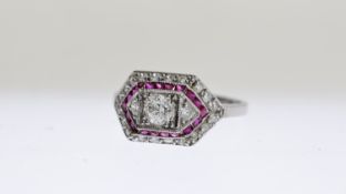 18WG Calibre set ruby and diamond ring Dec style with raised centre square collet, illusion set RB