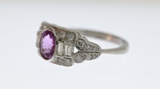 Platinum pink sapphire and diamond deco style ring. Baguettes and RB PS 1.15 D0.55