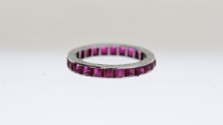 18ct white gold Ruby Full Eternity Ring, square cut rubies, ring size