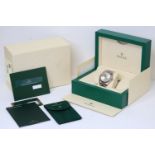 RARE 18CT WHITE GOLD ROLEX DAY-DATE II WITH FACTORY SET DIAMOND AND SAPPHIRE DIAL WITH BOX AND