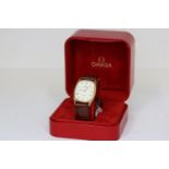 OMEGA DE VILLE QUARTZ WATCH WITH BOX, white dial with roman numeral hour markers, approx 27mm gold