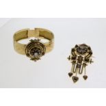 Victorian Black Enamel and Rose Cut Diamond Cuff Bangle and Brooch