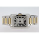 CARTIER TANK ANGLAISE STEEL AND GOLD REFERENCE 3485, square silver guilloche dial with roman
