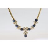 Sapphire and Diamond Necklace, claw set sapphires and diamonds, 1/4 rivera style, in 18ct yellow