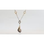 9ct White And Yellow Gold Diamond And Smoky Quartz Cushion Rose Cut Lariat Drop Pendant Necklace (