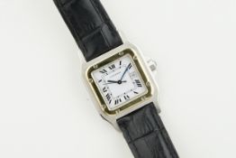 CARTIER SANTOS STEEL & GOLD DATE WRISTWATCH, square white dial with hour markers and hands, 30mm