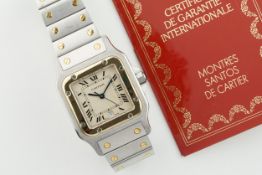 CARTIER SANTOS STEEL & GOLD DATE W/ GUARANTEE PAPERS REF. 187901 CIRCA 1988, square patina dial with