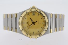 OMEGA CONSTELLATION QUARTZ STEEL AND GOLD CIRCA 1998, circular champagne dial with baton hour