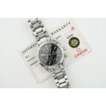 OMEGA SPEEDMASTER DATE W/ GUARANTEE CARD, circular black dial with hour markers and hands, 39mm