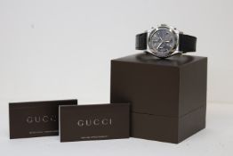 GUCCI AUTOMATIC CHRONOGRAPH REFERENCE 115.2 WITH BOX AND BOOKLETS , grey dial with three