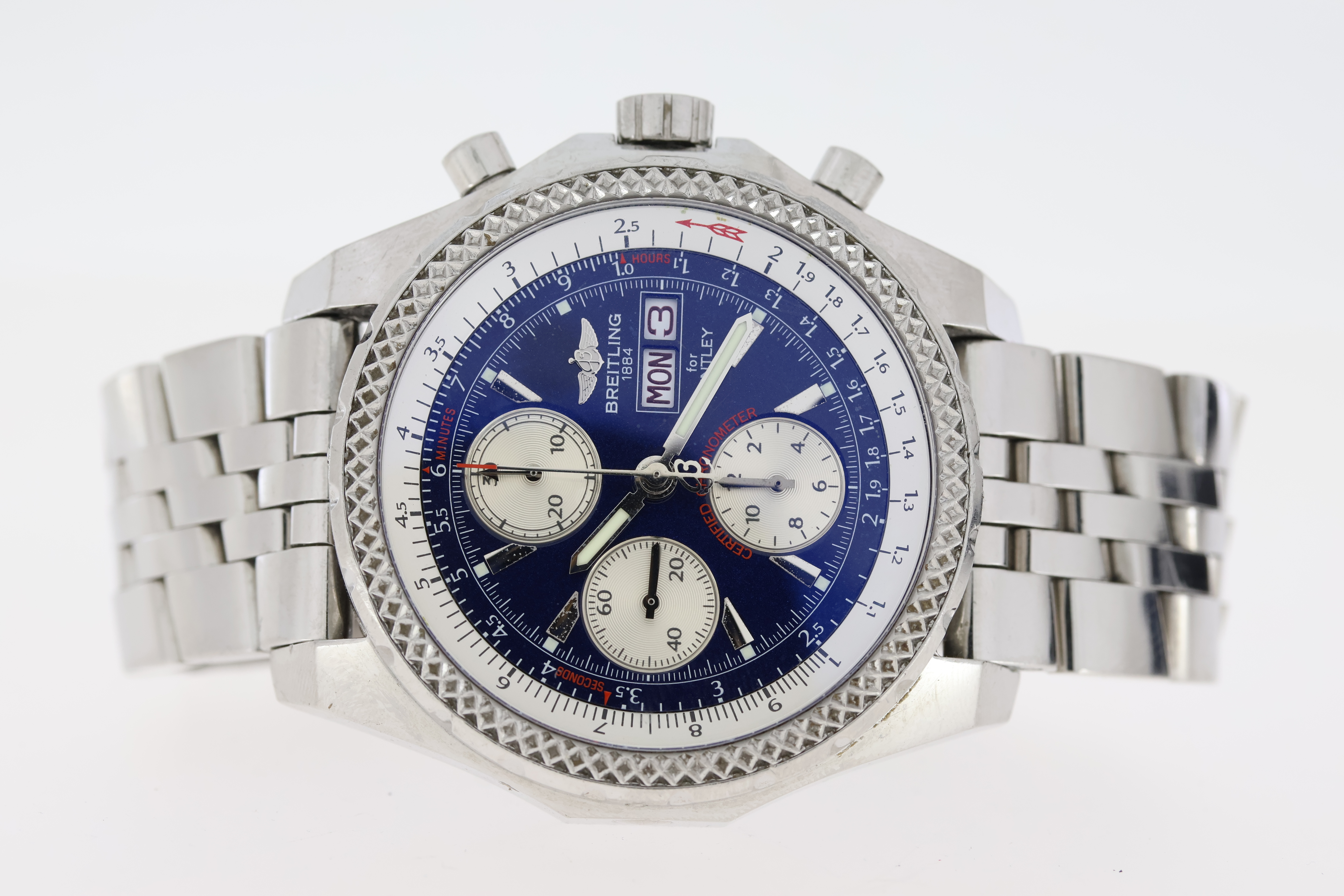 BREITLING FOR BENTLEY REFERENCE A13362 WITH BOX, circular navy blue dial with baton hour markers, - Image 2 of 8