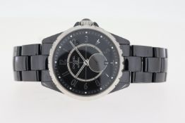 CHANEL J12 AUTOMATIC REF H3836, black dial with Arabic numerals, sub dial, stainless steel bezel,