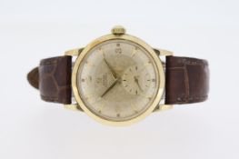 VINTAGE OMEGA BUMPER AUTOMATIC, patina silvered dial, applied pointed hour markers, Arabic numerals,