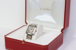 CARTIER TANK FRANCAISE AUTOMATIC REFERENCE 2302 WITH BOX, square white guilloche dial with roman