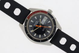 BULOVA ACCUTRON QUARTZ, 666 FEET, black dial with block hour markers, dual-day, red and black bezel,