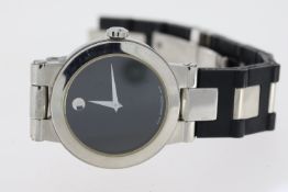 MOVADO QUARTZ WATCH REFERENCE 84.C2. Approx 35.5mm stainless steel case. A jet black dial with