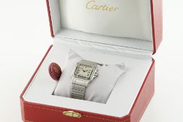 CARTIER SANTOS DATE WATCH W/ BOX & SWING TAG REF. 987901, square off white dial with blue roman
