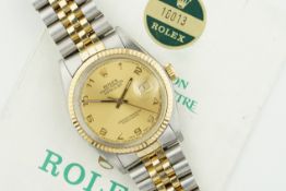 ROLEX OYSTER PERPETUAL DATEJUST STEEL & GOLD 'ARABIC' DIAL W/ GUARANTEE PAPERS REF. 16013 CIRCA