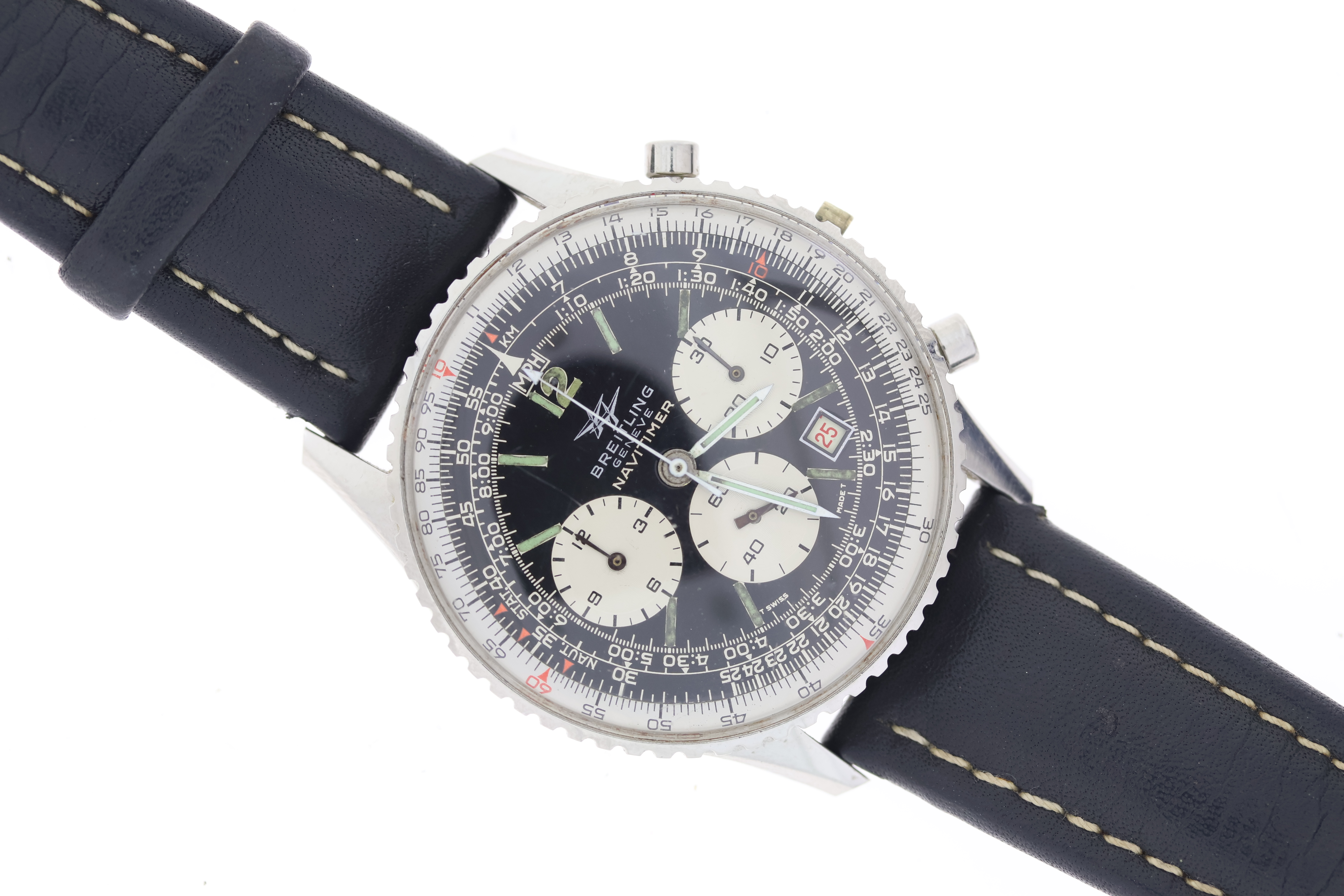 VINTAGE BREITLING NAVITIMER REFERENCE 7806 CIRCA 1973 WITH BOX, circular black tritium dial with