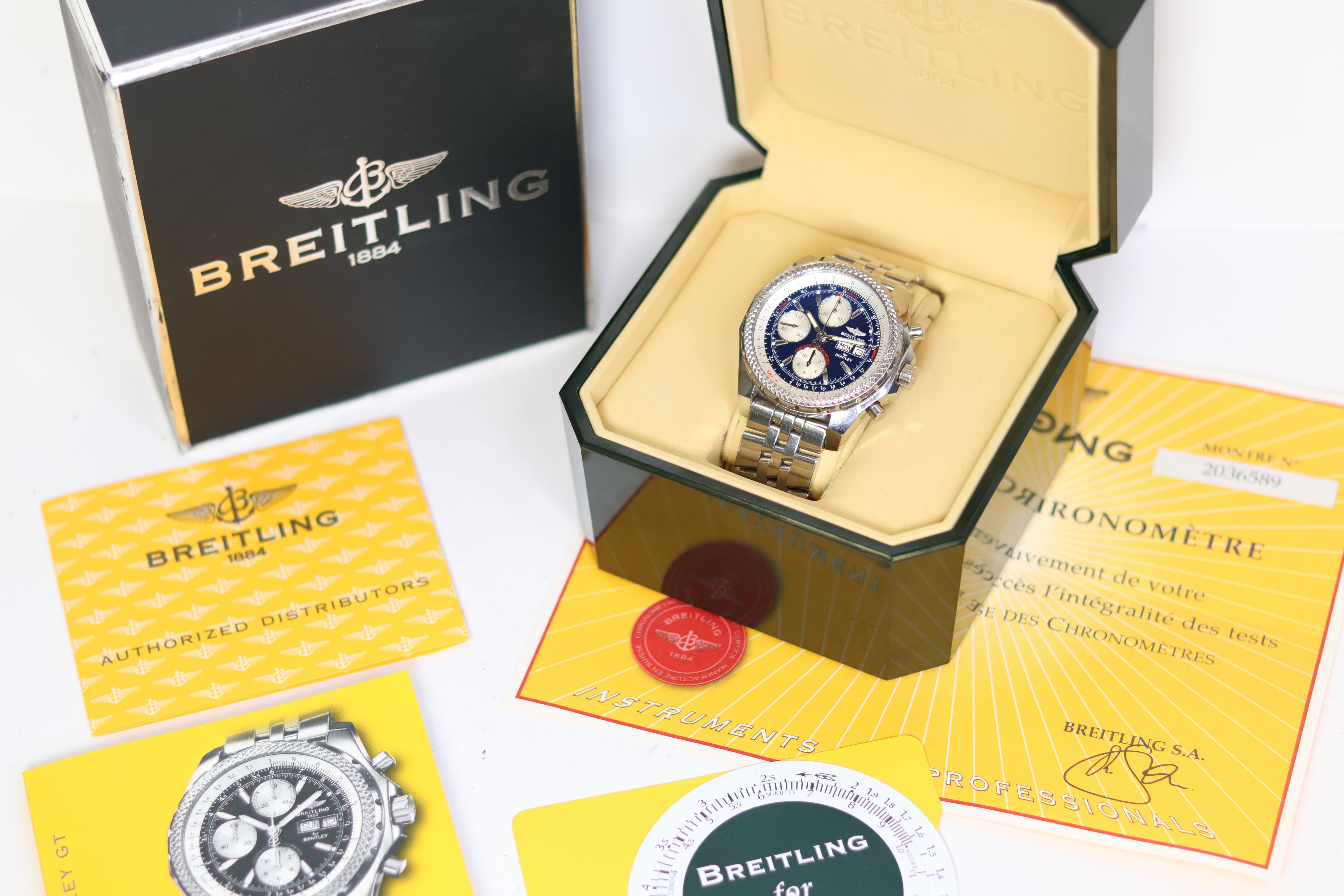 BREITLING FOR BENTLEY REFERENCE A13362 WITH BOX, circular navy blue dial with baton hour markers, - Image 8 of 8