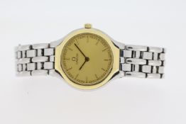 LADIES OMEGA BI COLOUR SPORTS, champagne dial, baton hour markers, gold bezel, stainless steel