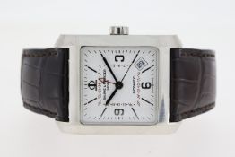 BAUME & MERCIER DUAL TIME AUTOMATIC REFERENCE 65561, square white dial, GMT hand, red 24hr inner