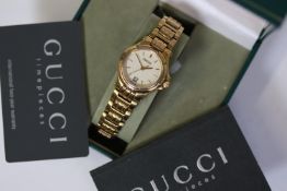LADIES GUCCI QUARTZ WATCH REFERENCE 9240L W/BOX AND PAPERS 1997, Approx 26mm gold plated,