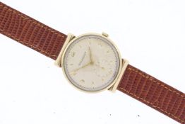 9CT JAEGER LE COULTRE HOODED LUGS REFERENCE 15842 CIRCA 1940's, circular patina dial with baton
