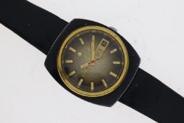 *TO BE SOLD WITHOUT RESERVE* ENICAR AUTOMATIC, black pvd case, gilt detail, leather strap, currently