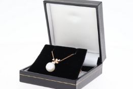 9ct rose gold snowflake-style cultured pearl and diamond necklace, boxed. R/C diamonds 0.10ct