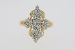 18 carat yellow gold diamond navette shaped dress ring with split shoulders. Full hall mark