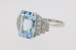 Platinum Aquamarine and diamond step shoulder ring with Round brilliant diamonds Weights A3.50 D0.