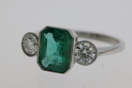 Platinum emerald and diamond 3 stone ring bezel set Weights E1.70 D0.65