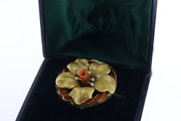 Antique Coral and pearl Floral Brooch, yellow metal, carved coral flower to center, pearl detail,
