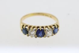 18 carat yellow gold Victorian sapphire and diamond 5 stone ring.Partial hall mark present
