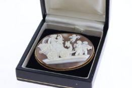 9ct Shell Cameo, carved scene with cherus pulling a lady on wagon, fine rope edge boarder, marked