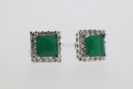 Pair of silver square green CZ and white CZ halo studs