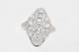 1950s Diamond Panel Ring, bright old cut diamonds, marked '100IRID -900PLAT' , engraved with date