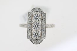 1.30ct Diamond Panel Ring, Platinum 3 stone diamond cluster ring with diamond set shoulders.